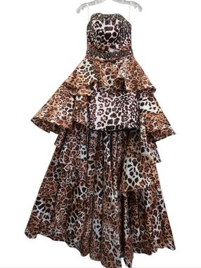 Tony Bowls Sequined Animal Print High Low Strapless Mini Dress w/ Fabulous Trane
